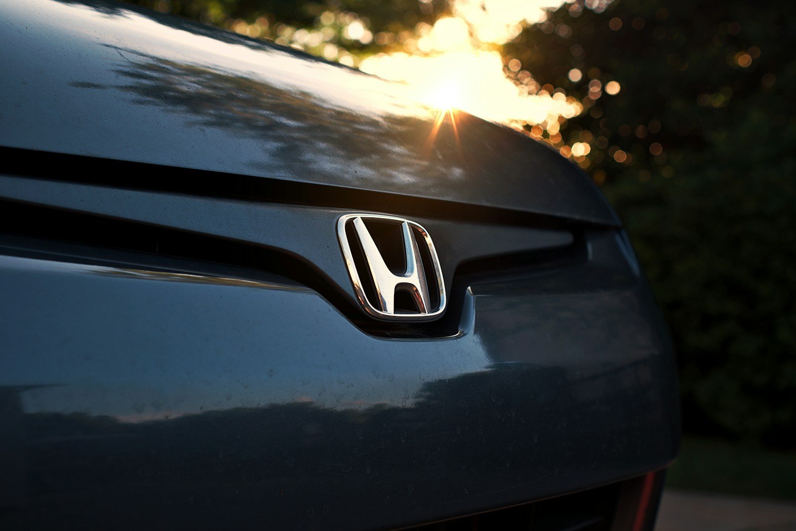 A honda logo on a car's hood.
