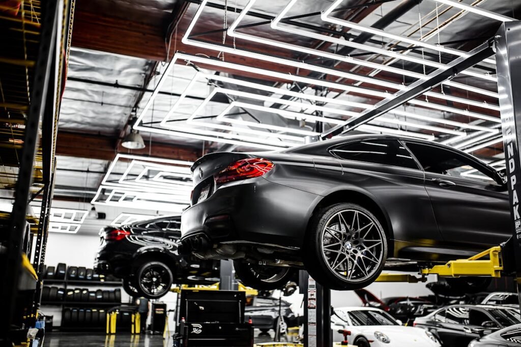 car lifted in repair shop