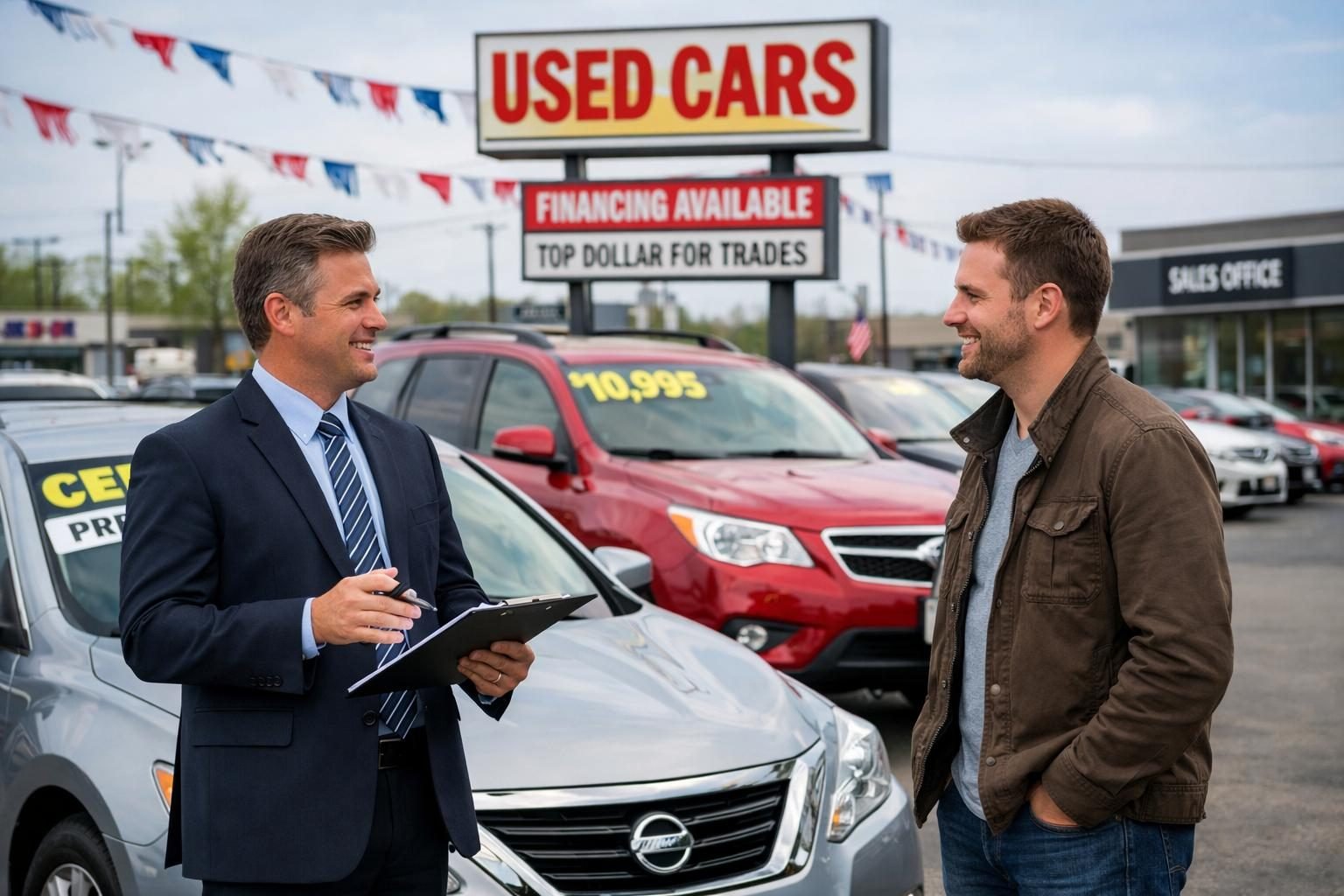Used car dealer talking with a customer on a dealership lot